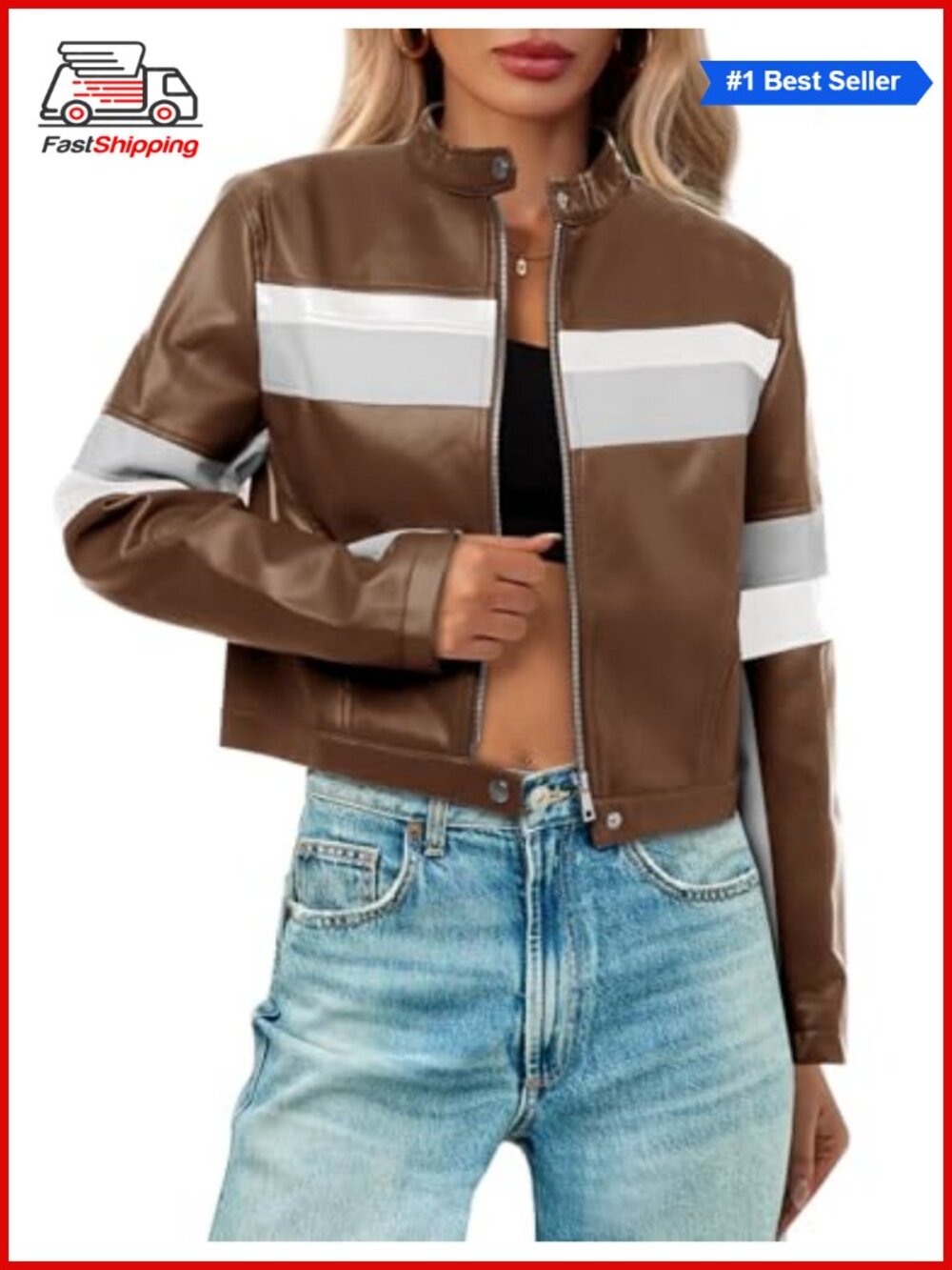 ✨Tankaneo Women's Cropped Faux Leather Moto Biker Bomber Jacket Color Block